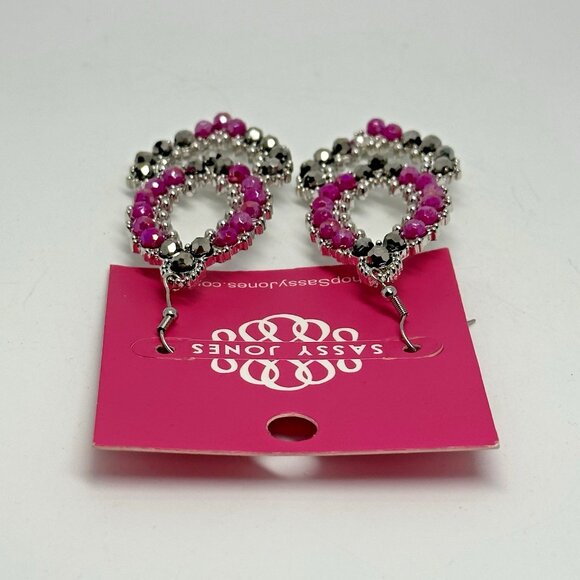 Sassy Jones Malia Glass Dangle Pink Rhinestone Silver Tone Hook Drop Earrings - Picture 6 of 6